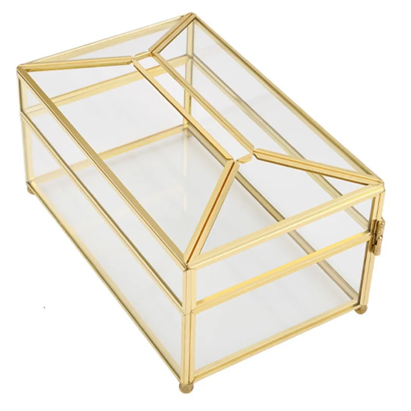 Creative Nordic Style Glass Tissue Box Decorative Golden Napkin Storage Box Decoration Facial Tissue Holder for Dresser Bathroom Bedroom Home Office - Transparent//Size: S