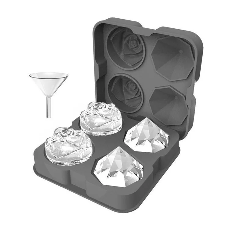 Rose e Diamond Shape Ice Cube Cube 4-grid Bandeja de Molde de Silicone Para Uísque de Coquetéis Arrepiantes (sem Certificado Fda) - Cinza