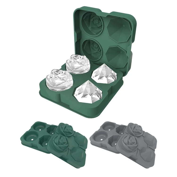 Rose and Diamond Shape Ice Cube Maker 4-grid Silicone Mold Tray for Chilling Cocktails Whiskey (No FDA Certificate) - Grey