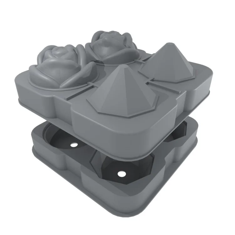 Rose and Diamond Shape Ice Cube Maker 4-grid Silicone Mold Tray for Chilling Cocktails Whiskey (No FDA Certificate) - Grey