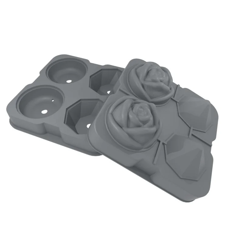 Rose and Diamond Shape Ice Cube Maker 4-grid Silicone Mold Tray for Chilling Cocktails Whiskey (No FDA Certificate) - Grey