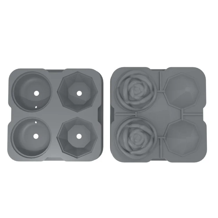 Rose e Diamond Shape Ice Cube Cube 4-grid Bandeja de Molde de Silicone Para Uísque de Coquetéis Arrepiantes (sem Certificado Fda) - Cinza