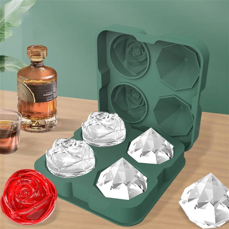 Rose e Diamond Shape Ice Cube Cube 4-grid Bandeja de Molde de Silicone Para Uísque de Coquetéis Arrepiantes (sem Certificado Fda) - Cinza