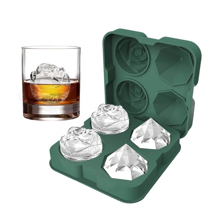 Rose e Diamond Shape Ice Cube Cube 4-grid Bandeja de Molde de Silicone Para Uísque de Coquetéis Arrepiantes (sem Certificado Fda) - Cinza