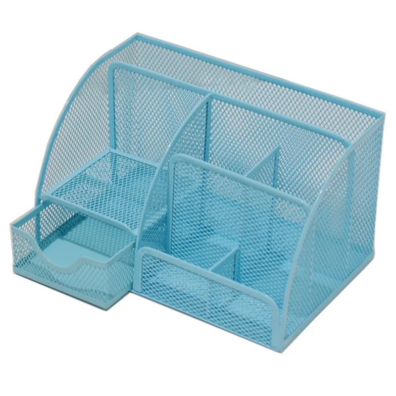 Note Paper Organizer and Pencil Holder Metal Mesh Drawer Organizer for Office Desk - Baby Blue