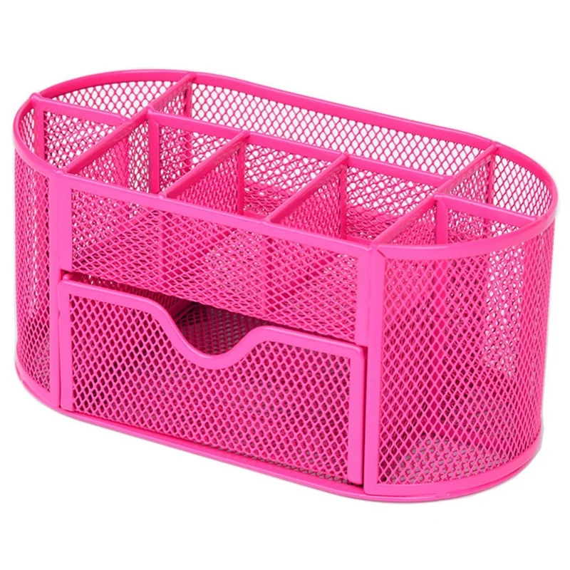Mesh Desk Organizer 9 Compartments Pen Holder Multifunctional Makeup Brush Scissor Storage Holder Office Stationery - Rose