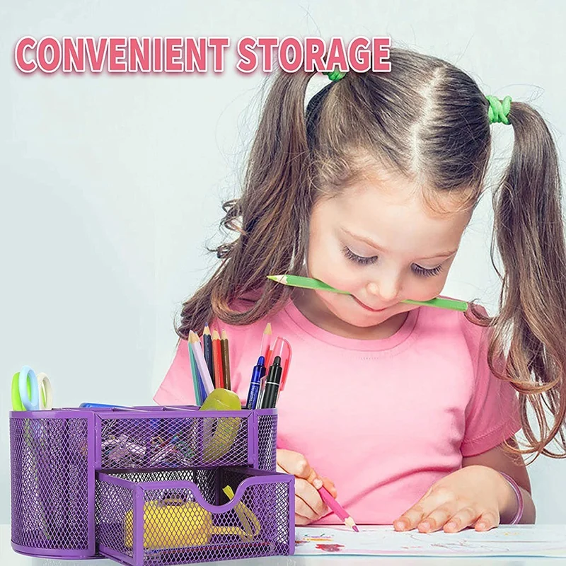 Mesh Desk Organizer 9 Compartments Pen Holder Multifunctional Makeup Brush Scissor Storage Holder Office Stationery - Rose