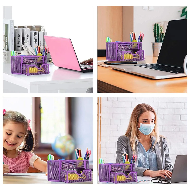 Mesh Desk Organizer 9 Compartments Pen Holder Multifunctional Makeup Brush Scissor Storage Holder Office Stationery - Rose