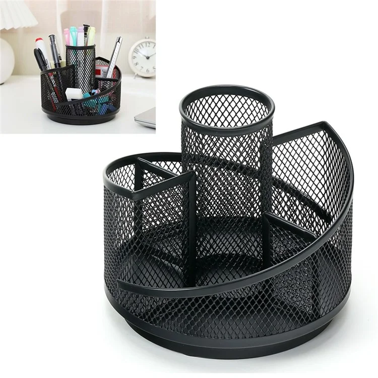 5 Compartments Mesh Pen Holder 360 Degree Rotatable Metal Desk Organizer Rack