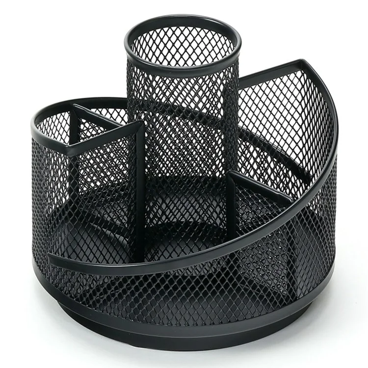 5 Compartments Mesh Pen Holder 360 Degree Rotatable Metal Desk Organizer Rack