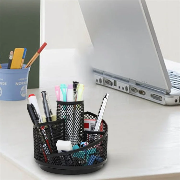 5 Compartments Mesh Pen Holder 360 Degree Rotatable Metal Desk Organizer Rack