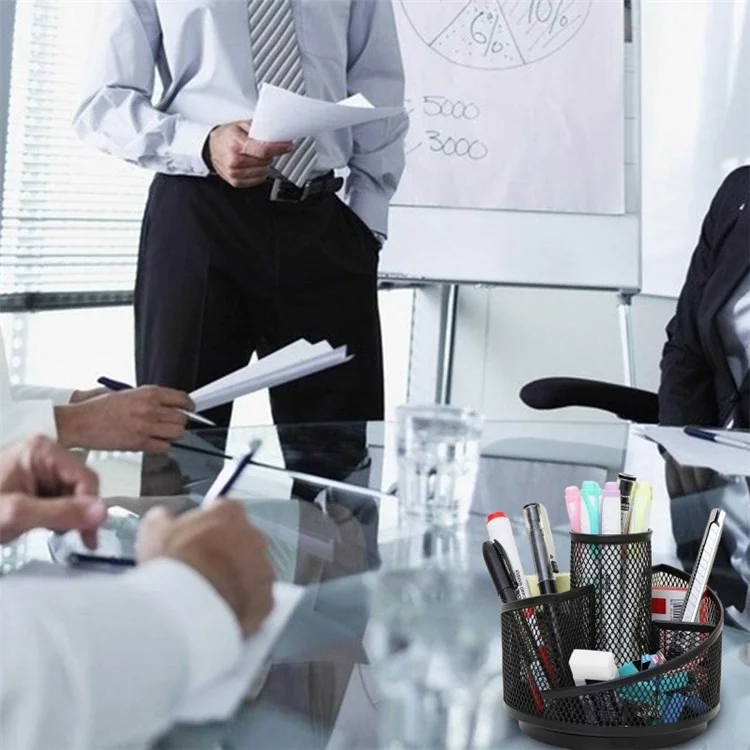 5 Compartments Mesh Pen Holder 360 Degree Rotatable Metal Desk Organizer Rack