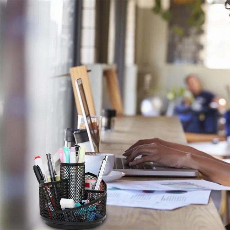 5 Compartments Mesh Pen Holder 360 Degree Rotatable Metal Desk Organizer Rack