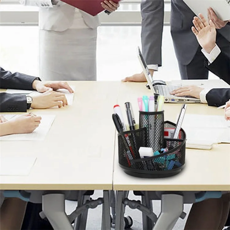 5 Compartments Mesh Pen Holder 360 Degree Rotatable Metal Desk Organizer Rack