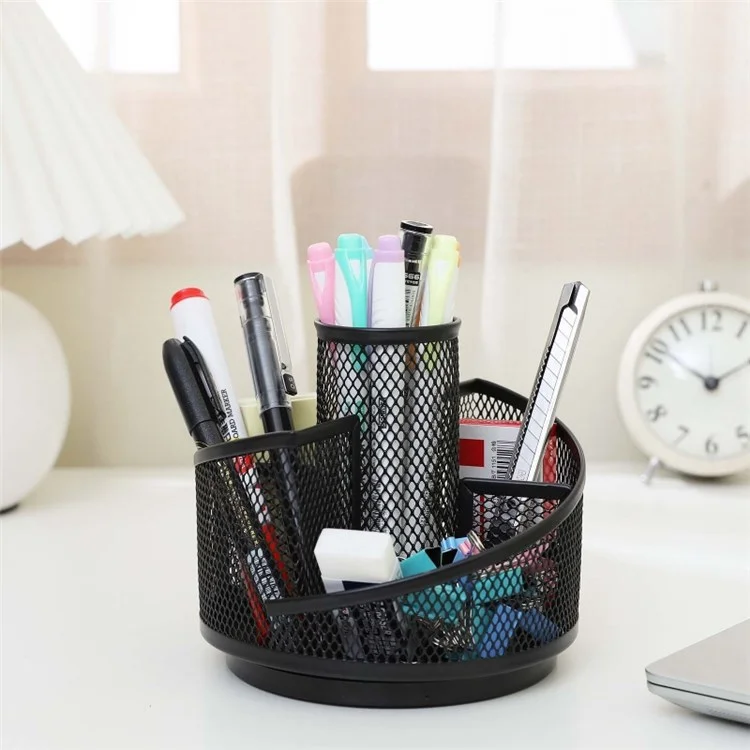 5 Compartments Mesh Pen Holder 360 Degree Rotatable Metal Desk Organizer Rack