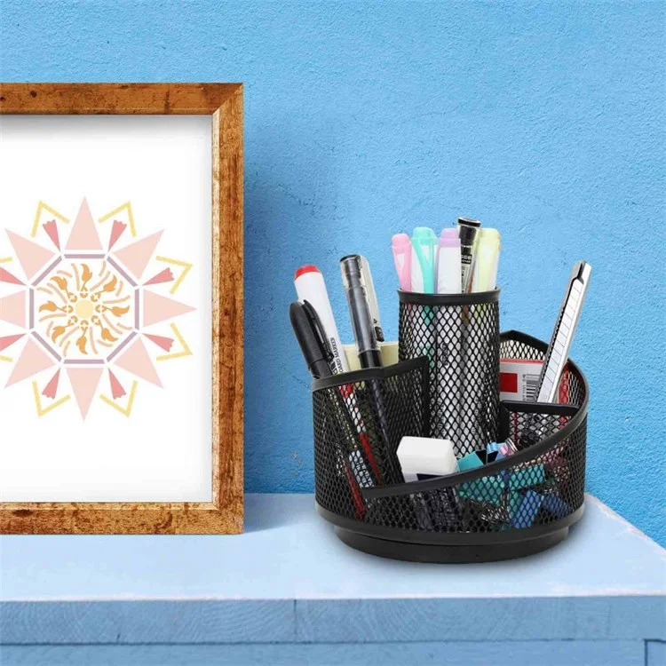 5 Compartments Mesh Pen Holder 360 Degree Rotatable Metal Desk Organizer Rack