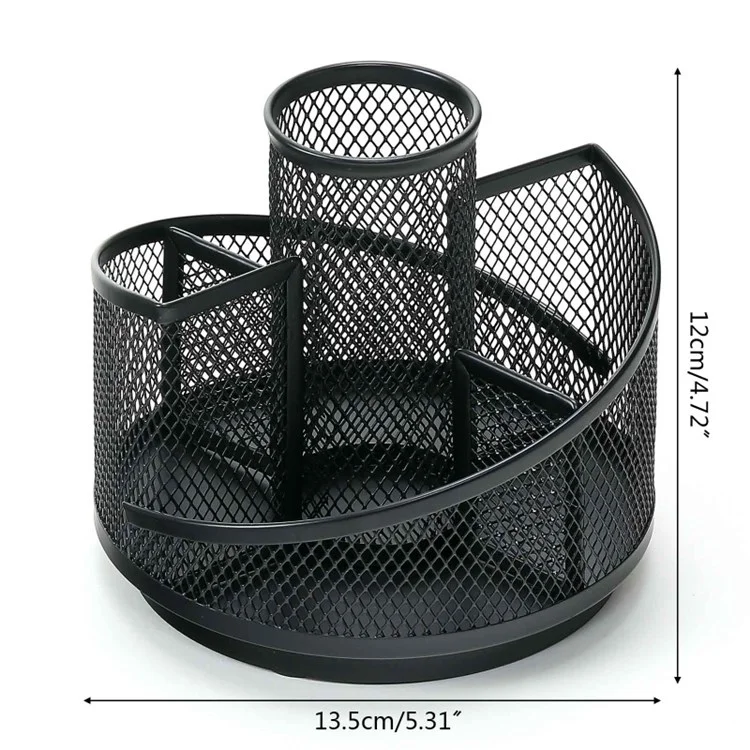 5 Compartments Mesh Pen Holder 360 Degree Rotatable Metal Desk Organizer Rack