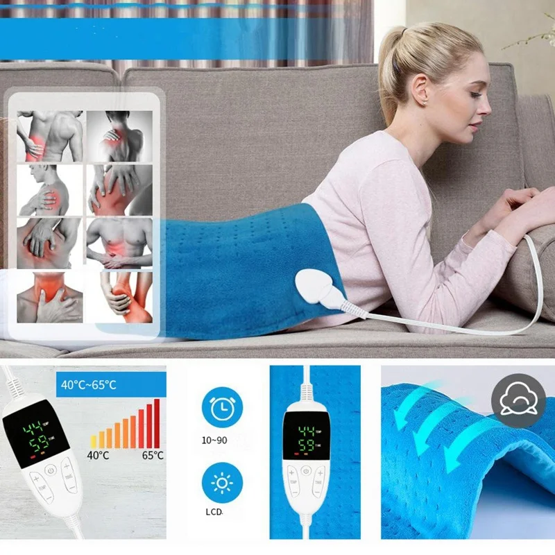 Double-sided Microplush Electric Blanket Heating Pad Abdomen Waist Back Pain Relief Winter Warmer Heat Controller - Blue / US Plug