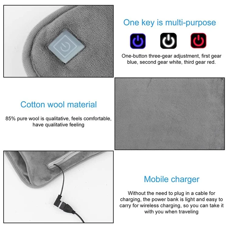 USB Heater Rechargeable Hand Warmer 3 Temperature Control Portable Electric Hand Warmer with Pocket - Grey