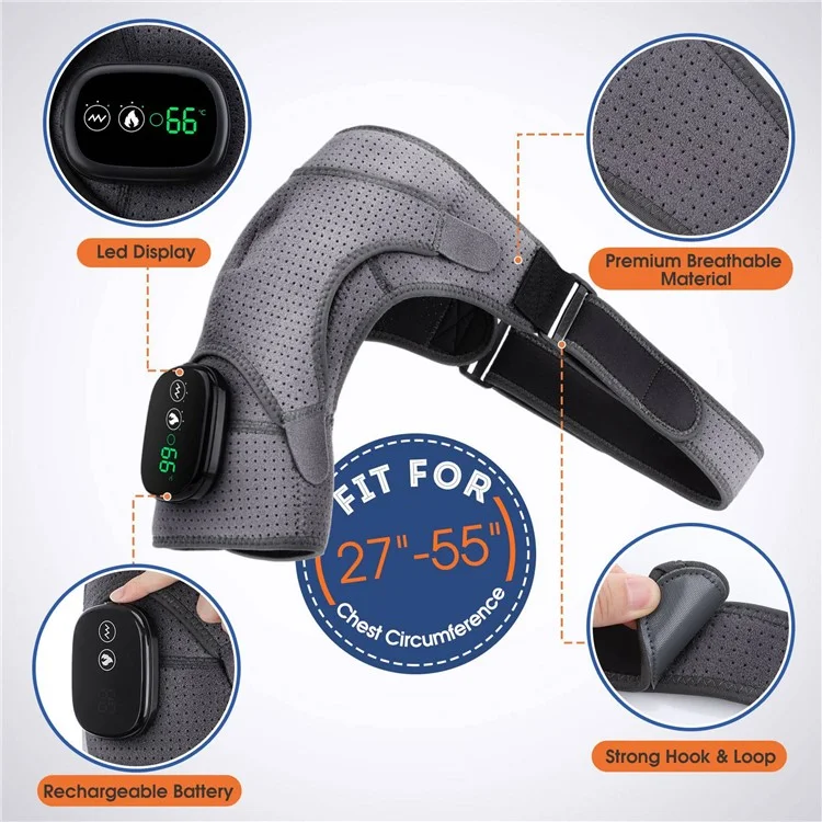 102200 Electric Heating Shoulder Brace LED Display Vibration Shoulder Massage Support Belt Strap for Arthritis Joint Injury Pain Relief - Grey