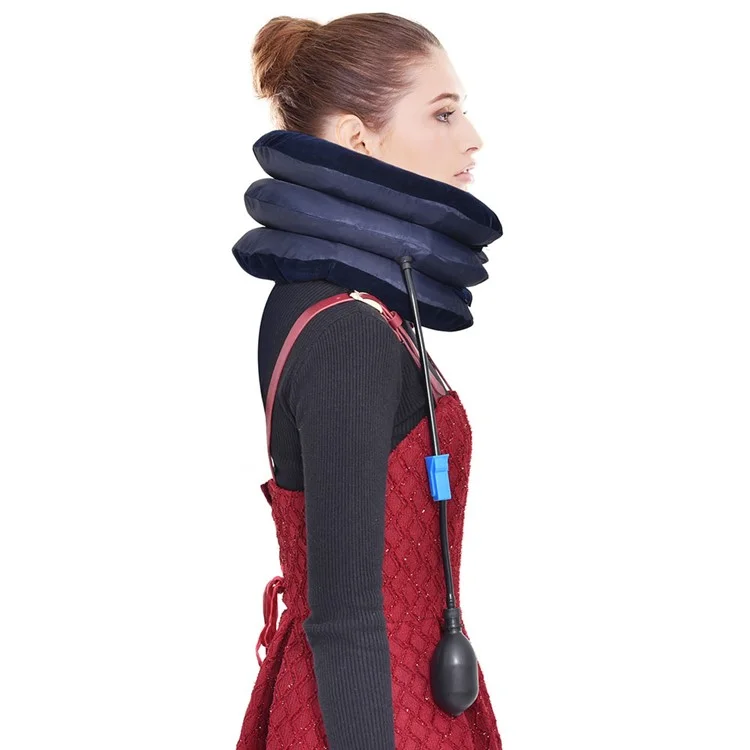 Neck Massager Corrector Collar Relief Air Inflatable Cervical Vertebra Therapy Traction 3 Layers Soft Brace Pain Relief Pillow - Dark Blue