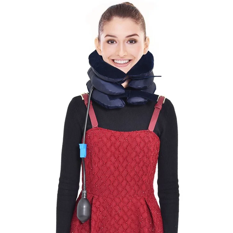 Neck Massager Corrector Collar Relief Air Inflatable Cervical Vertebra Therapy Traction 3 Layers Soft Brace Pain Relief Pillow - Dark Blue