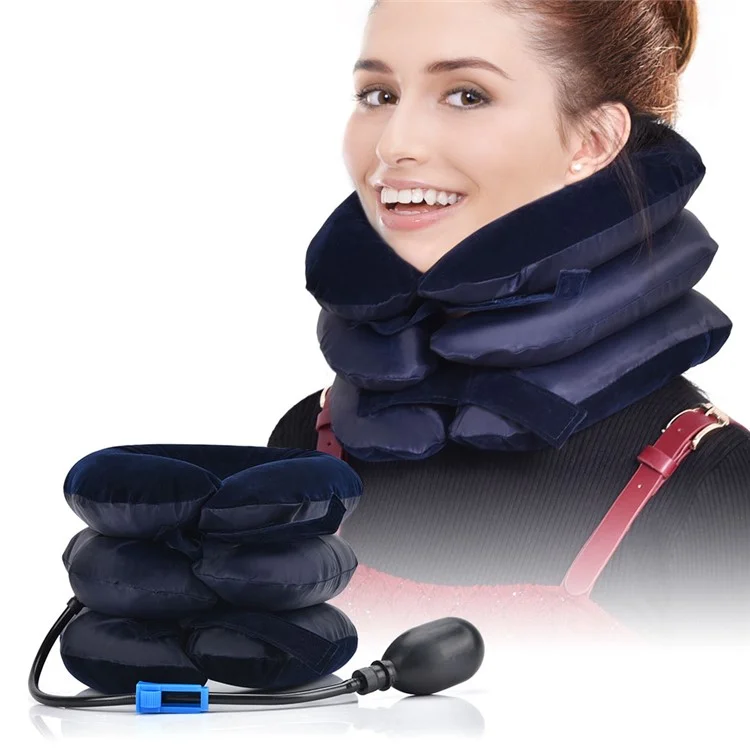 Neck Massager Corrector Collar Relief Air Inflatable Cervical Vertebra Therapy Traction 3 Layers Soft Brace Pain Relief Pillow - Dark Blue