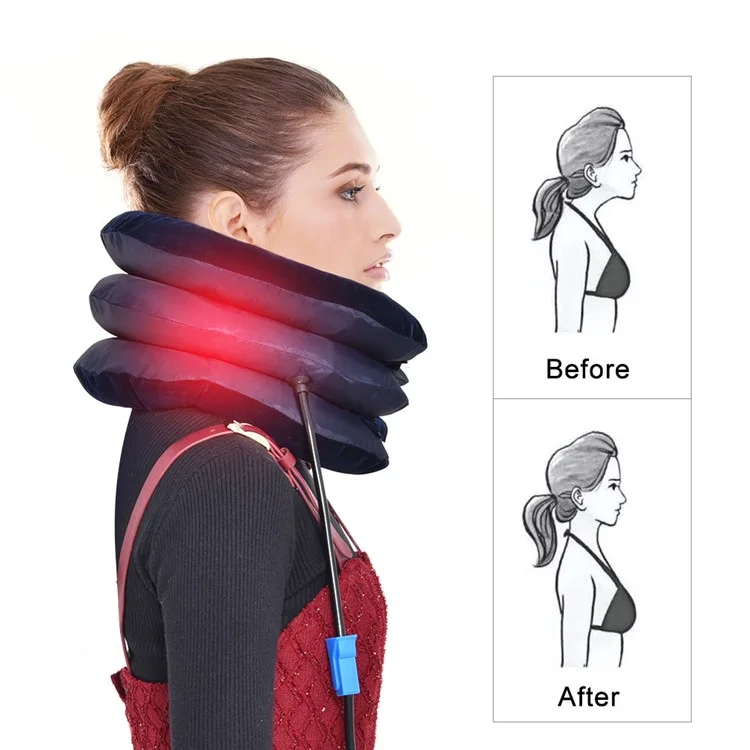Neck Massager Corrector Collar Relief Air Inflatable Cervical Vertebra Therapy Traction 3 Layers Soft Brace Pain Relief Pillow - Dark Blue