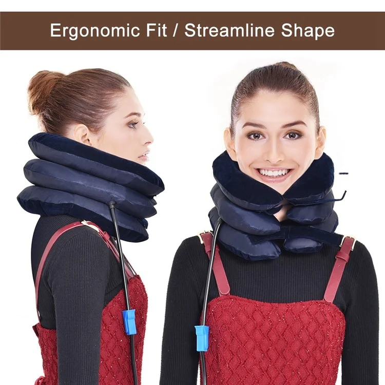 Neck Massager Corrector Collar Relief Air Inflatable Cervical Vertebra Therapy Traction 3 Layers Soft Brace Pain Relief Pillow - Dark Blue