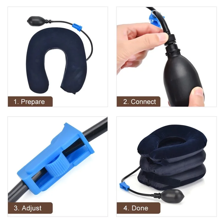 Neck Massager Corrector Collar Relief Air Inflatable Cervical Vertebra Therapy Traction 3 Layers Soft Brace Pain Relief Pillow - Dark Blue