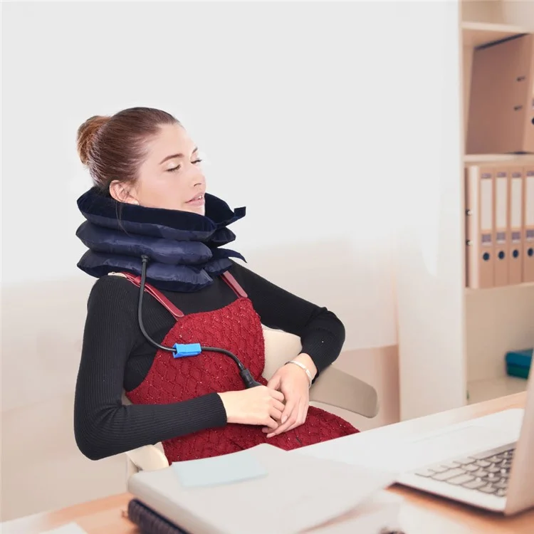 Neck Massager Corrector Collar Relief Air Inflatable Cervical Vertebra Therapy Traction 3 Layers Soft Brace Pain Relief Pillow - Dark Blue