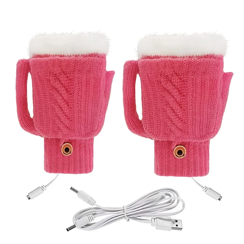 USB Heated Gloves Winter Hand Warmer Full / Half Finger Electric Heating Knitting Mittens - Rose