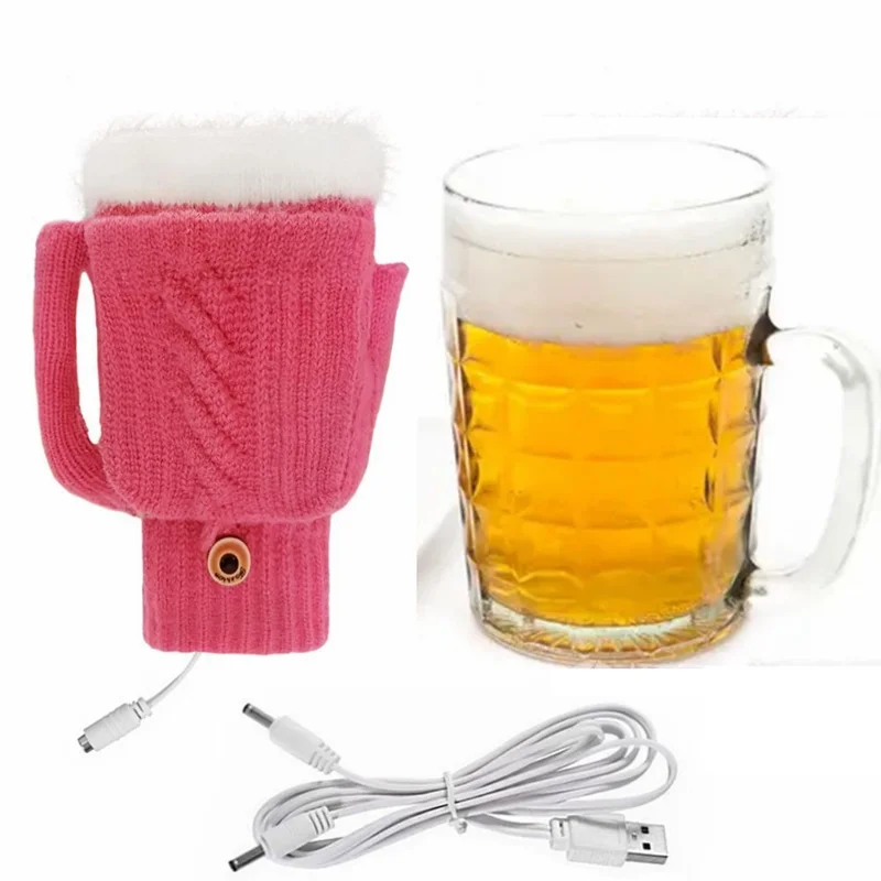 USB Heated Gloves Winter Hand Warmer Full / Half Finger Electric Heating Knitting Mittens - Rose