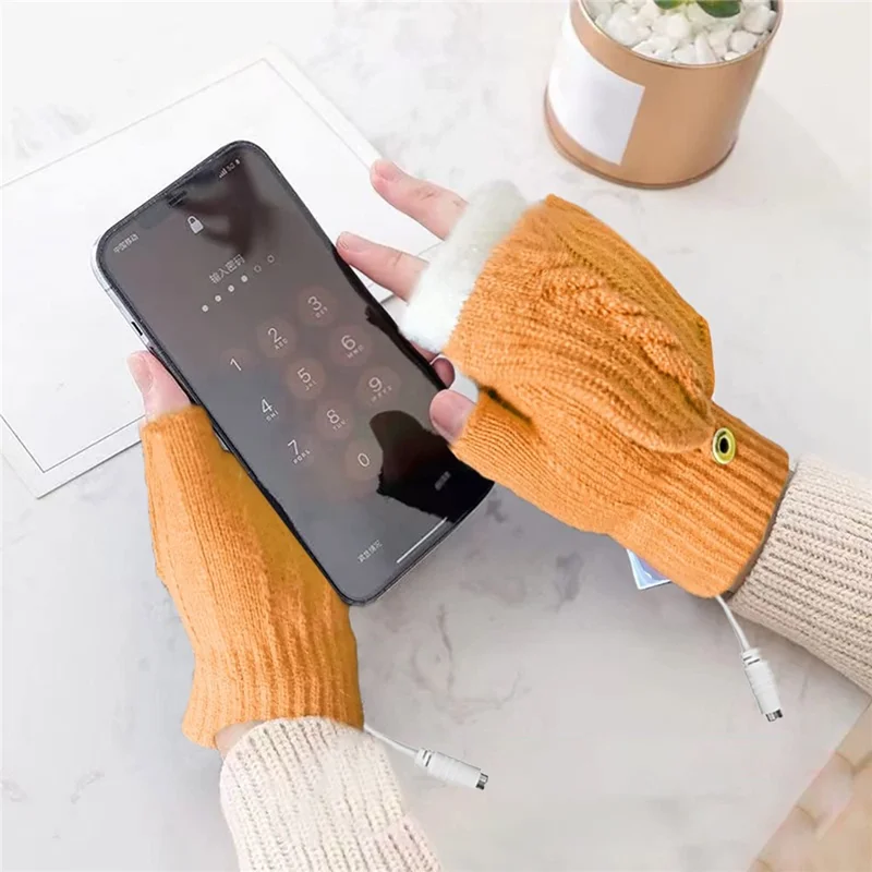 USB Heated Gloves Winter Hand Warmer Full / Half Finger Electric Heating Knitting Mittens - Rose