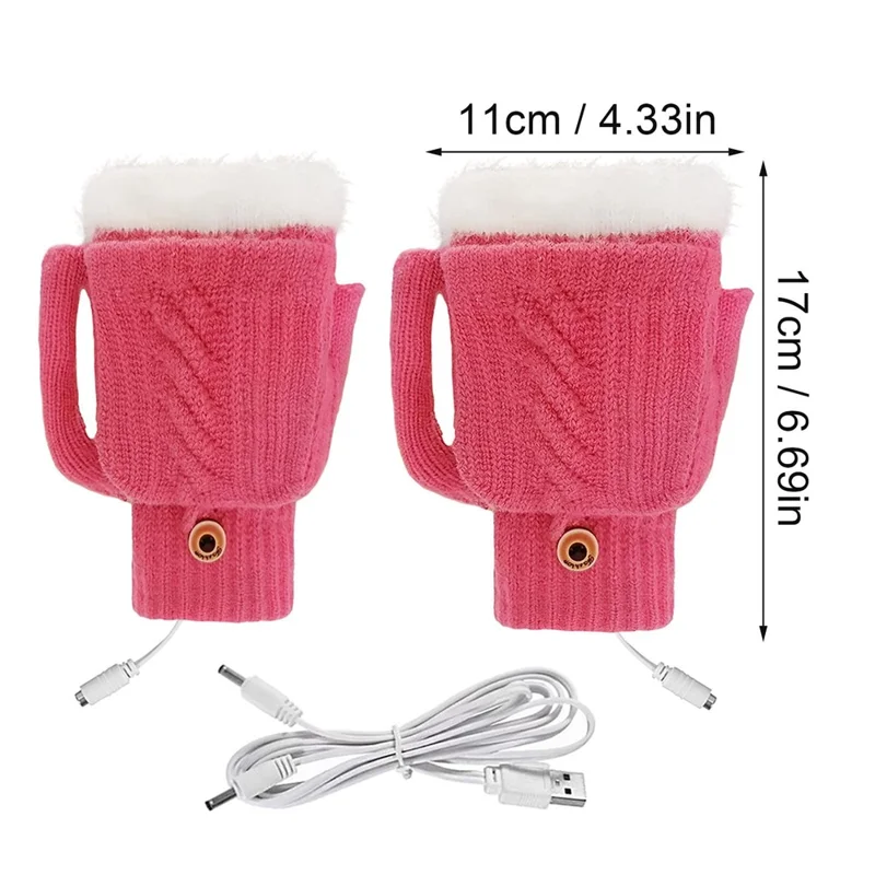 USB Heated Gloves Winter Hand Warmer Full / Half Finger Electric Heating Knitting Mittens - Rose