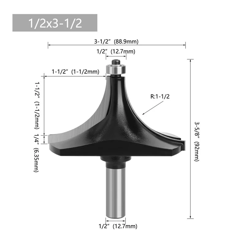 1 / 2 Inch Shank High Hardness Round Over Bit Tungsten Steel Alloy Cutter Wood Line Edge Trimmer for Woodworking - Black
