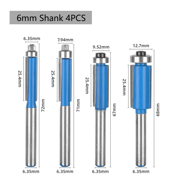 4PCS 6mm Shank Tungsten Steel Alloy Cutter Blue Wood Single Bearing Straight Trimmers Routers with Plastic Box