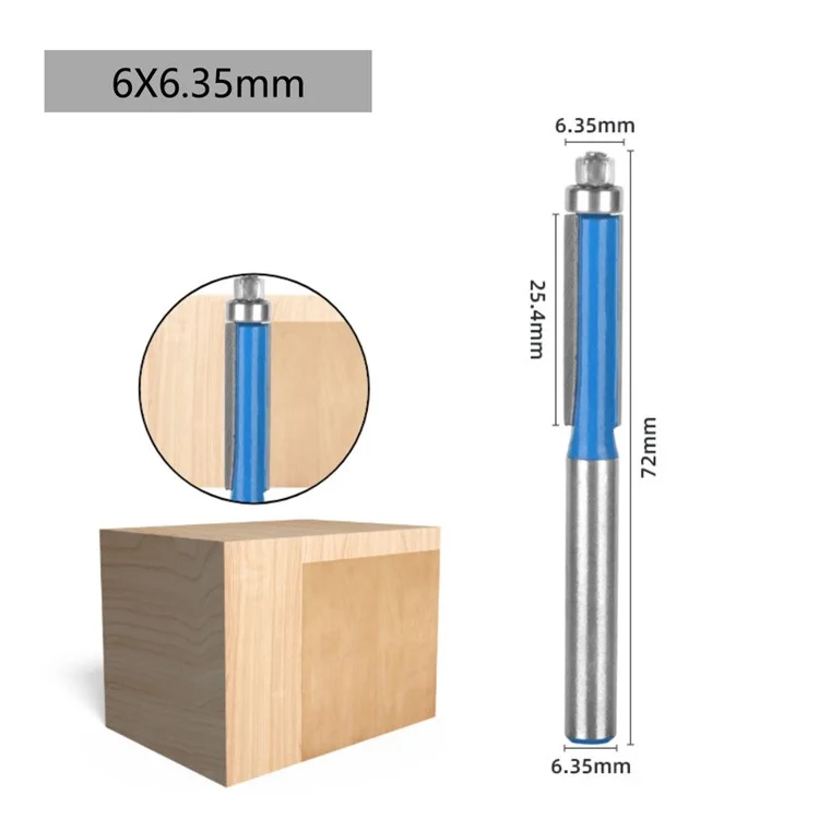4PCS 6mm Shank Tungsten Steel Alloy Cutter Blue Wood Single Bearing Straight Trimmers Routers with Plastic Box