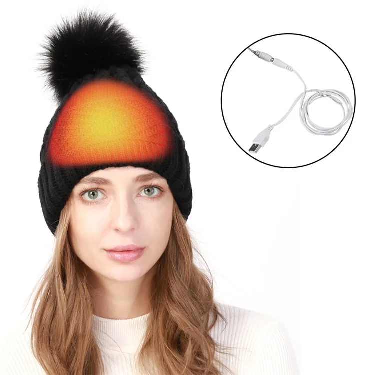 USB Heated Hat Beanie Autumn Winter Warm Knitted Cap with Pompom for Outdoor Cycling Hiking Skiing - Black