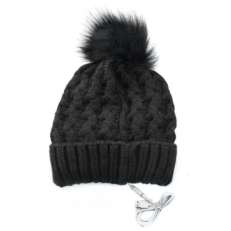 USB Heated Hat Beanie Autumn Winter Warm Knitted Cap with Pompom for Outdoor Cycling Hiking Skiing - Black