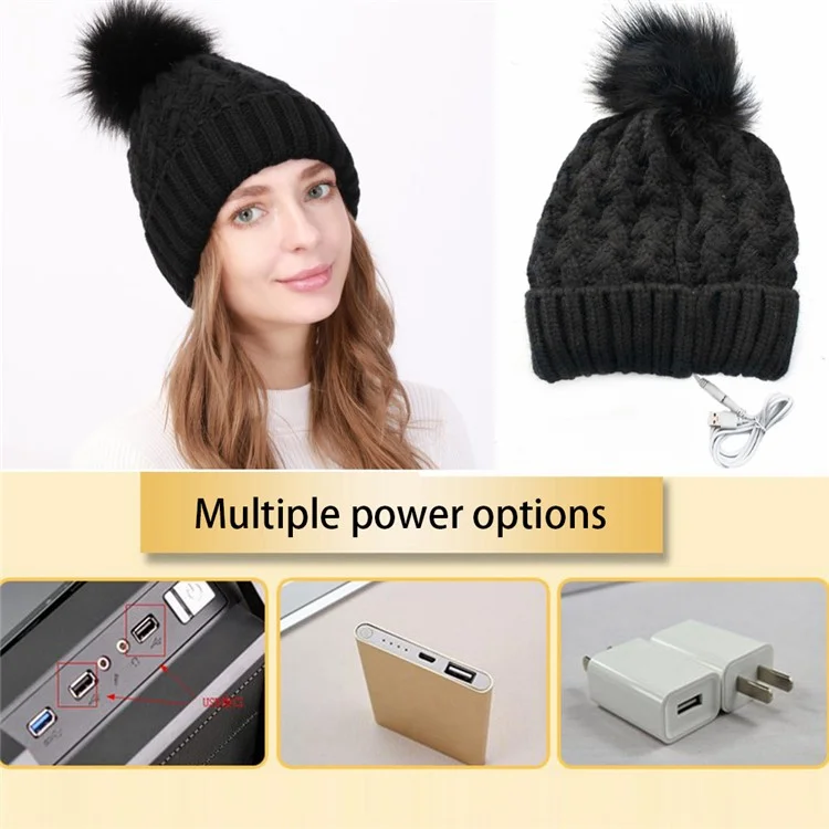 USB Heated Hat Beanie Autumn Winter Warm Knitted Cap with Pompom for Outdoor Cycling Hiking Skiing - Black