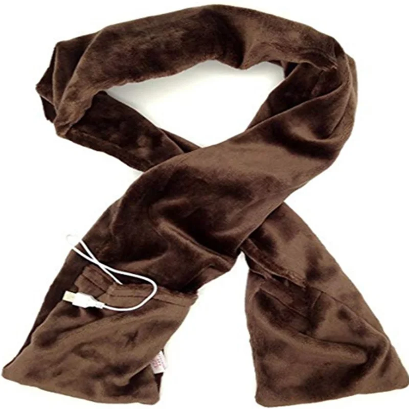 Mink Fleece USB Heated Neck Wrap Winter Electric Heating Warm Scarf with Hand Pocket - Coffee