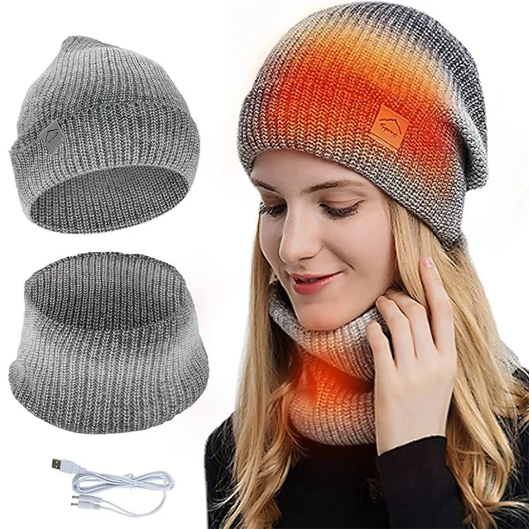 USB Heated Hat and Scarf Set Knit Beanie Hat Neck Warmer for Men Women Soft Lined Knitted Hat Winter Warm Cap - Grey