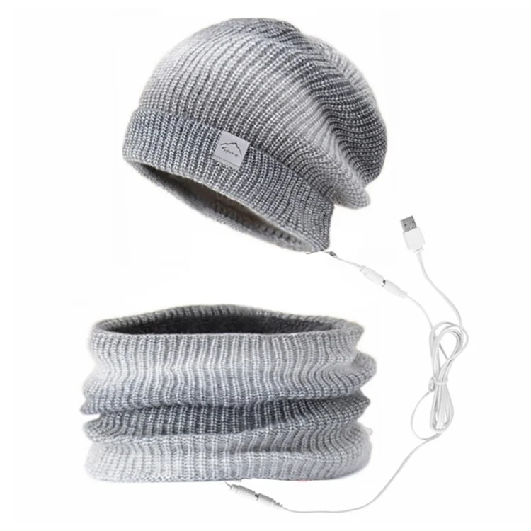 USB Heated Hat and Scarf Set Knit Beanie Hat Neck Warmer for Men Women Soft Lined Knitted Hat Winter Warm Cap - Grey
