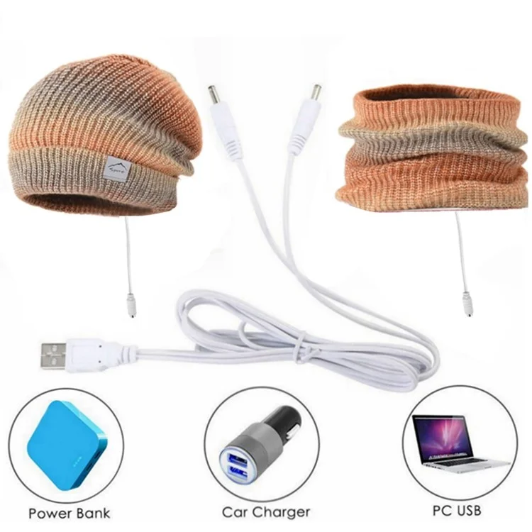 USB Heated Hat and Scarf Set Knit Beanie Hat Neck Warmer for Men Women Soft Lined Knitted Hat Winter Warm Cap - Grey
