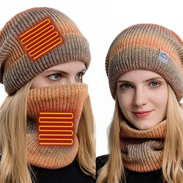 USB Heated Hat and Scarf Set Knit Beanie Hat Neck Warmer for Men Women Soft Lined Knitted Hat Winter Warm Cap - Grey