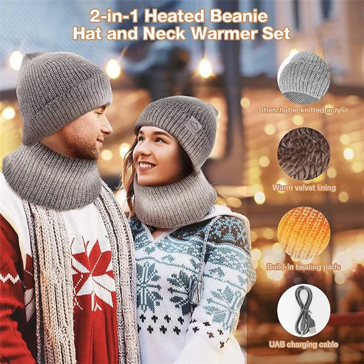 USB Heated Hat and Scarf Set Knit Beanie Hat Neck Warmer for Men Women Soft Lined Knitted Hat Winter Warm Cap - Grey