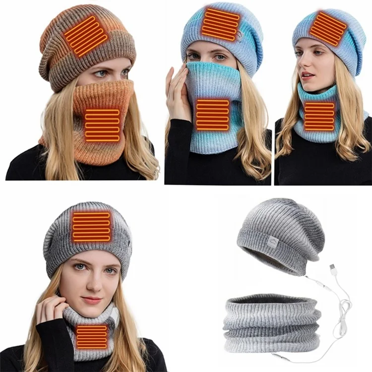 USB Heated Hat and Scarf Set Knit Beanie Hat Neck Warmer for Men Women Soft Lined Knitted Hat Winter Warm Cap - Grey