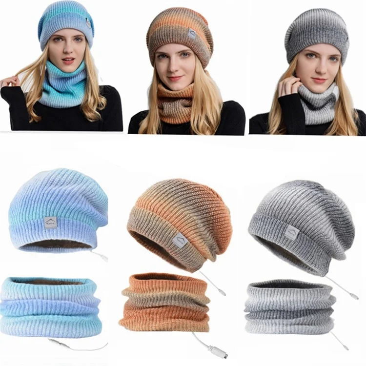 USB Heated Hat and Scarf Set Knit Beanie Hat Neck Warmer for Men Women Soft Lined Knitted Hat Winter Warm Cap - Grey