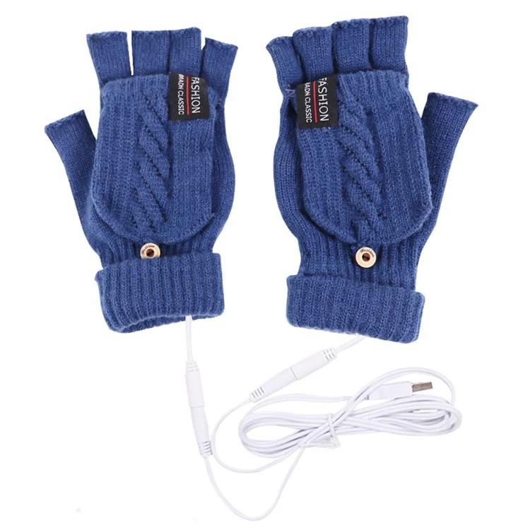 1 Pair USB Electric Heating Winter Gloves Warm Heated Polyester Half Finger Gloves with Flap Cover - Blue